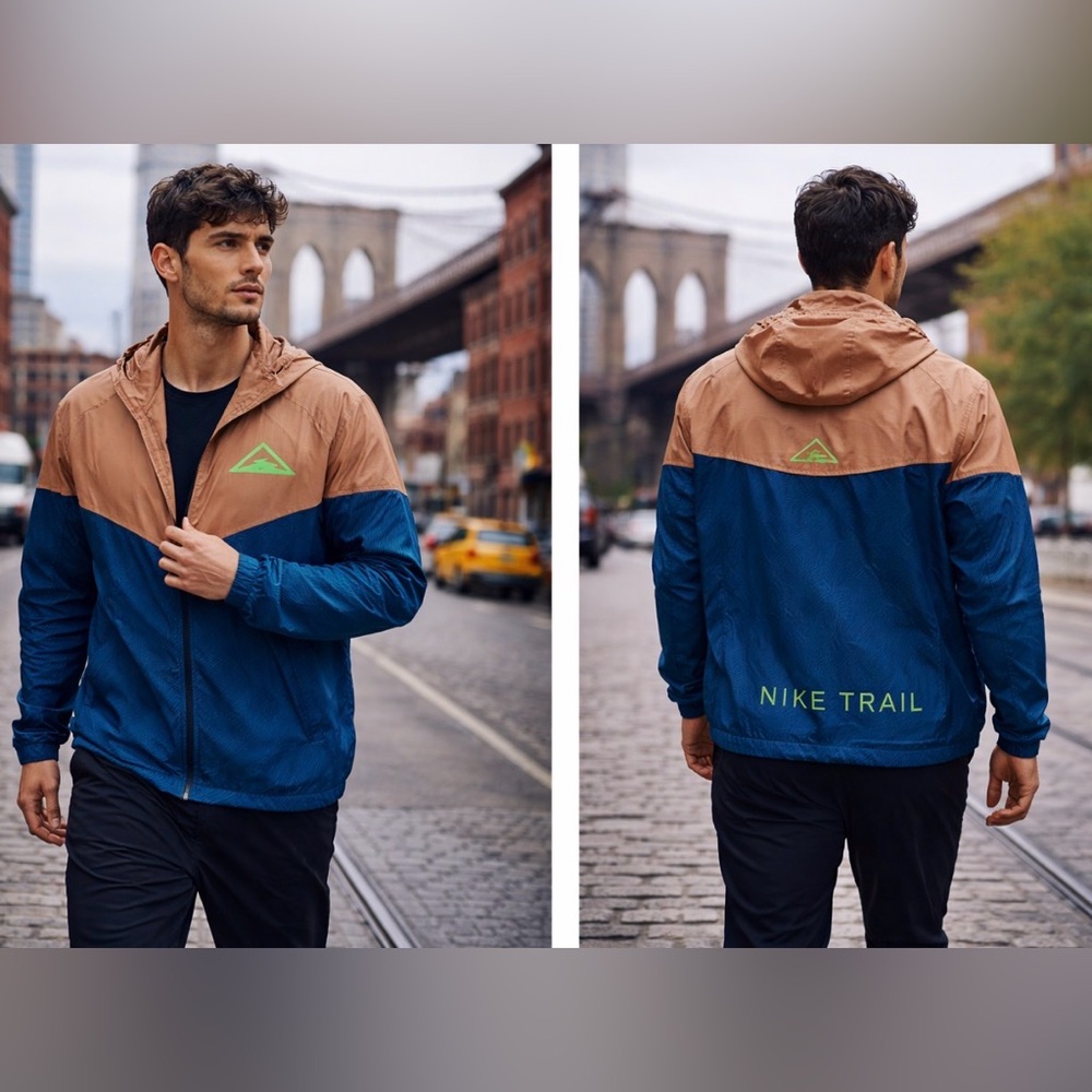 Nike Trail Windbreaker Jacket Hooded Packable Running Lightweight Blue Tan Men M